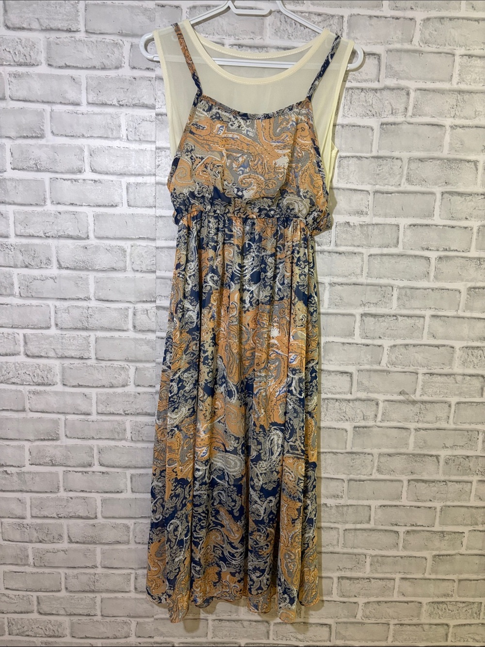 Sleeveless Paisley Maxi Dress in Navy and Mustard- see measurements for details